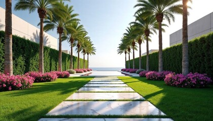 Fototapeta premium Lush green lawn and palm trees in a tropical garden leading to the ocean view. Concept for luxury resort or elegant landscape design.
