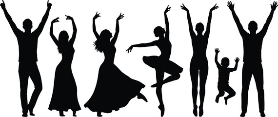 Vector silhouettes of dancing people in joyful poses, expressive movements, ballet, celebration, freedom, and artistic performance illustration design © Arif Creatives