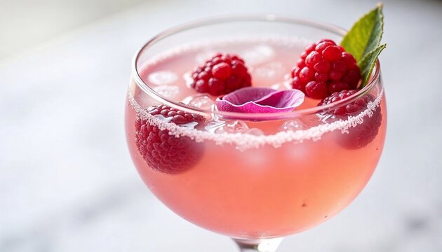 Close up of sparkling pink cocktail with raspberries and mint leaf. Refreshing drink for summer party and celebration.