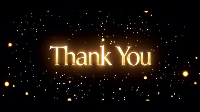 Golden Thank You text on black background with glowing particles