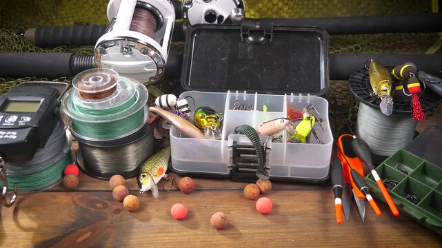 Fishing tackle is laid out on a wooden background, slowly moving along a horizontal plane. Fishing tackle for fun.