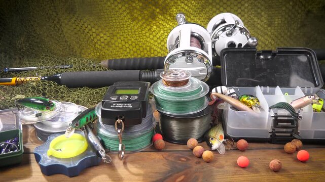 Fishing tackle is laid out on a wooden background, slowly moving along a horizontal plane. Fishing tackle for fun.