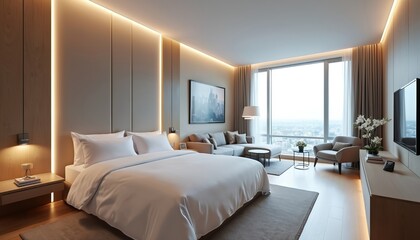 Fototapeta premium Luxury hotel suite features large window with city view. Modern bedroom has king size bed. Living area with sofa and armchair. Elegant interior design.