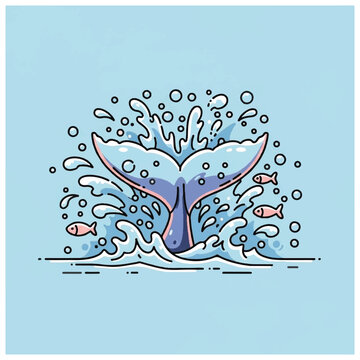 Whale Tail Splashing Water Ocean Scene.