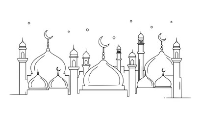 Modern mosque skyline line art vector illustration for Ramadan Kareem Eid Mubarak social media and banner background isolated on white © abdul