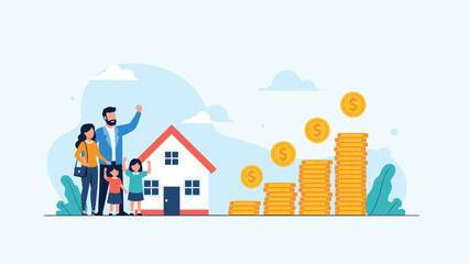 Happy family stands together in front of their new house next to large rising stacks of gold coins representing home savings.