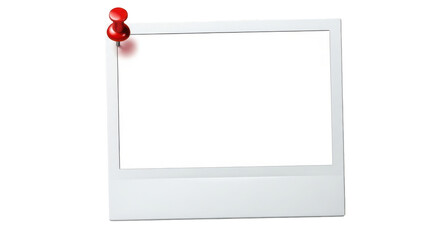 Blank white polaroid instant photo frame pinned with a red pushpin thumbtack. Isolated on transparent background, png