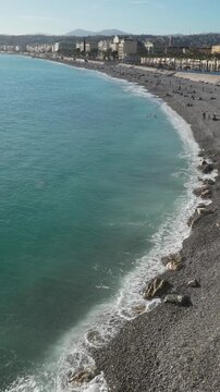 A long beach in Nice France, view from Bellanda Tower, winter season