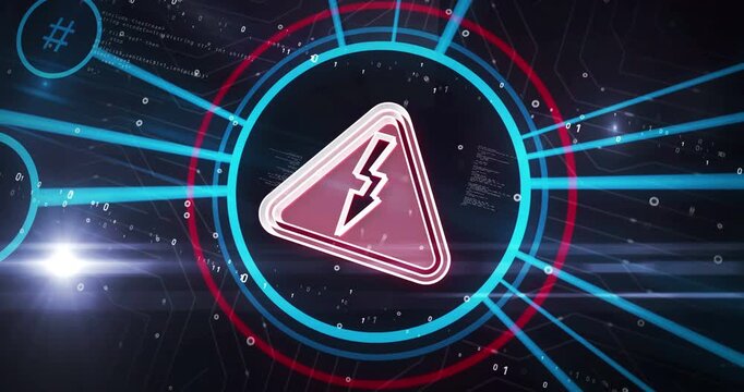 Electricity warning and electric shok hazard symbol digital concept. Cyber technology and computer network background abstract 3d animation.