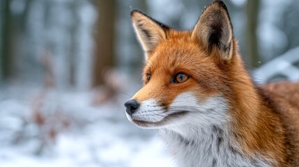 Obraz premium A beautiful fox stands gracefully in a snowy landscape surrounded by trees. This captivating wildlife photo captures the essence of nature. Ideal for nature lovers and wildlife enthusiasts. AI