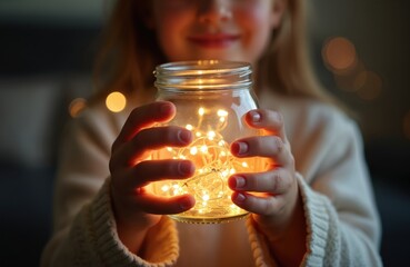 Obraz premium Child holds glass jar with fairy lights. Small glowing bulbs illuminate hands and glass container. Person creates magical atmosphere with tiny warm lights.