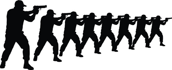 Large collection of tactical military soldier silhouettes and handgun technical vector illustrations featuring armed men in shooting stances and detailed firearm blueprints. © Sherina