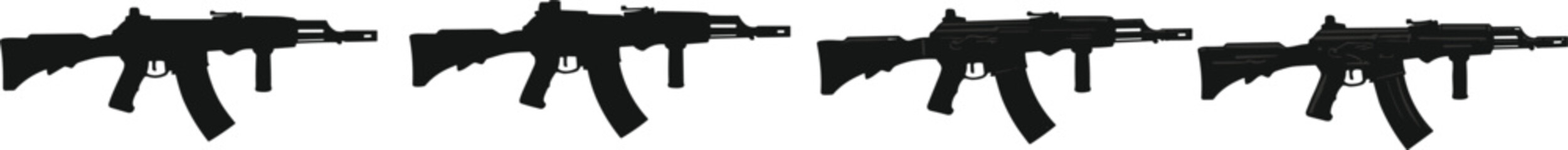 Collection of four assault rifle silhouettes showing transition from solid black to detailed vector line art isolated on a white background © Sherina