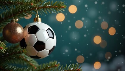 Fototapeta premium Soccer ball Christmas ornament hangs on pine tree branch with bokeh lights and snow. Festive sport decoration for winter holiday season. Happy New Year celebration.