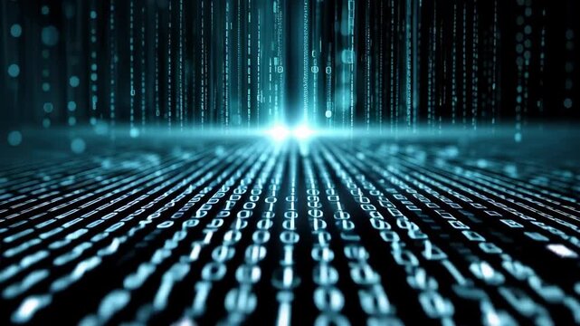 Digital binary data cascading on a computer screen, creating a futuristic and immersive environment in modern technology during nighttime hours