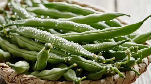 Fresh green beans with water droplets in wicker basket on wooden table