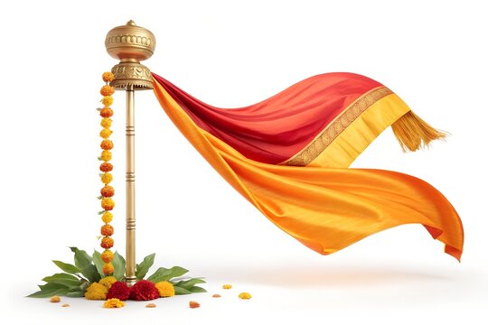 Traditional vibrant saffron and red Bhagwa dhwaj flag fluttering dynamically from a decorated golden metallic post adorned with marigold garlands and fresh green leaves.