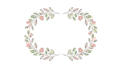 Watercolor floral wreath with pink flowers and green leaves on a white background, circular arrangement.