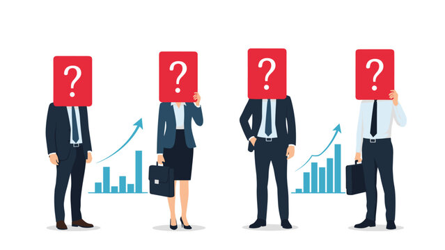 Group of diverse business professionals with red question mark signs over their faces signifying unknown identity and recruitment.