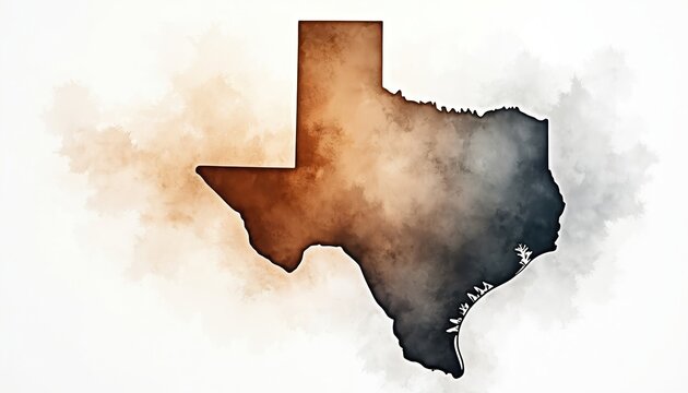 Abstract watercolor map of Texas. Earthy brown, cool gray gradient fills state shape with soft, diffused edges. Artistic illustration blends geographic outline with painterly texture, representing