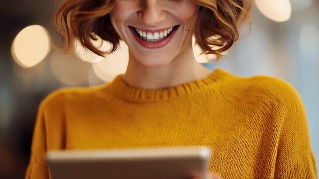 Engaging female entrepreneur using designer tablet for ecommerce development in a cozy small business setting during a vibrant afternoon