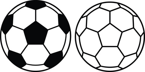 Obraz premium Soccer ball silhouettes isolated on white background, classic football black and outline vector illustration icons