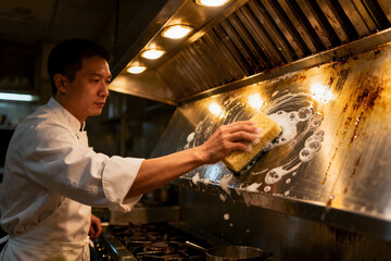 Chef's Diligent Clean: A dedicated chef diligently scrubs the range hood in the bustling restaurant kitchen, showcasing commitment to cleanliness.