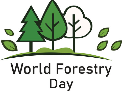 This illustration promotes World Forestry Day, featuring stylized trees in various shades of green. The design highlights the importance of forests and tree conservation, emphasizing environmental awa