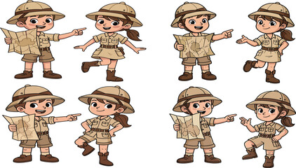 Cartoon explorer children in safari outfits holding maps, adventurous character design illustration showing teamwork, travel, exploration, geography and nature education themes © Rina