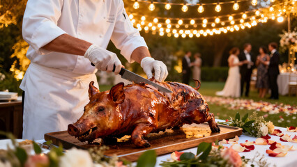 Chef Carving a Culinary Masterpiece: A skilled chef expertly carves a perfectly roasted pig, a centerpiece for a festive gathering, while guests enjoy the celebration.