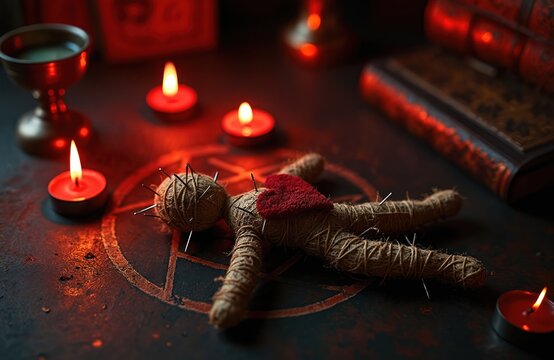 Voodoo doll with needles and red heart on pentagram altar. Burning candles and old book create eerie atmosphere for dark magic ritual. Mysterious occult practice scene.