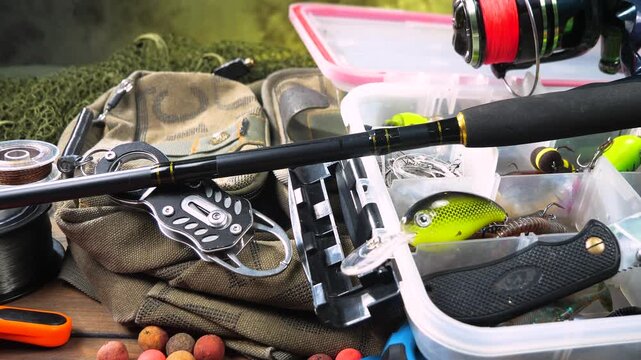 Fishing tackle is laid out on a wooden background, slowly moving along a horizontal plane. Fishing tackle for fun.