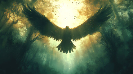 Fototapeta premium A majestic dark bird with large wings soars through a mystical, sunlit forest