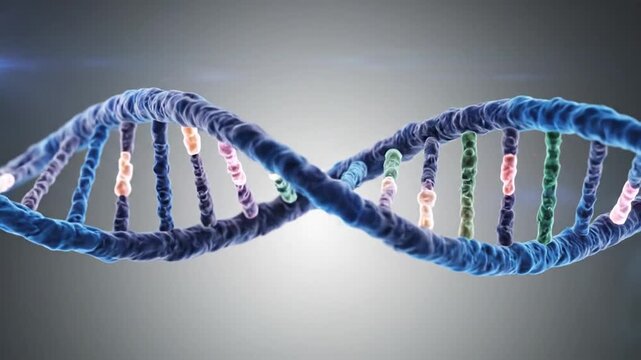 DNA double helix structure in a blue-lit, blurred gray background