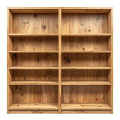Two vertical wooden bookshelves, empty, with multiple horizontal shelves
