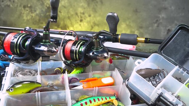 Fishing tackle is laid out on a wooden background, slowly moving along a horizontal plane. Fishing tackle for fun.