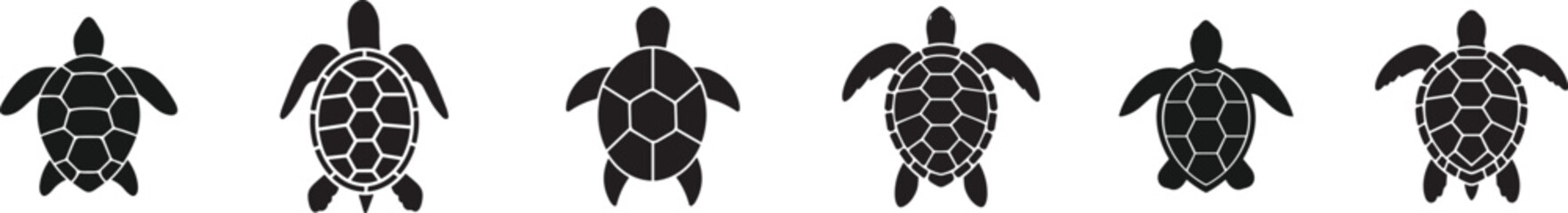 Sea turtle top view silhouette vector set. Marine reptile icons with detailed shell patterns. Ocean wildlife collection isolated for logo design, aquarium branding and coastal graphics.