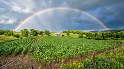 Fototapeta premium Rainbows arcing over lush cornfields rural landscape vibrant nature scene serene viewpoint