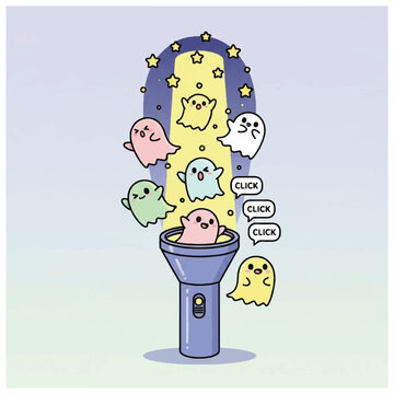 Microphone with ghosts and stars coming out.