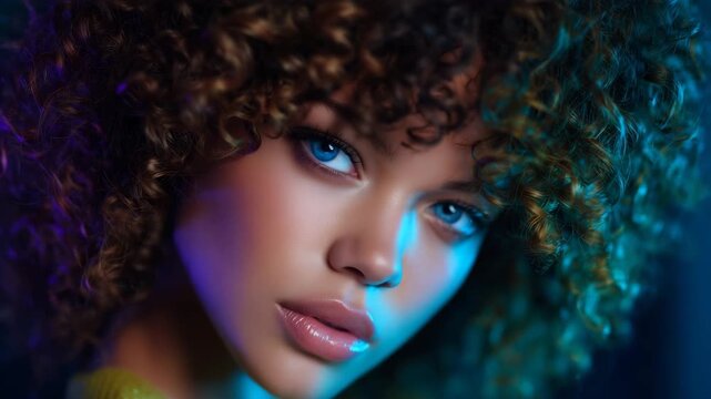 382Close-up of diverse model with neon glow reflecting on skin, rich contrasting colors illuminating contours of face and hair, expressive emotion and individuality, modern digital cu