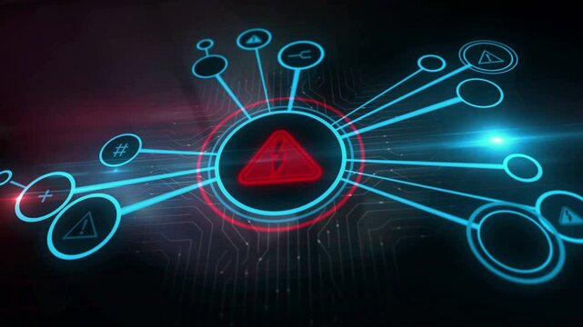 Electricity warning and electric shok hazard symbol digital concept. Cyber technology and computer network background abstract 3d animation.
