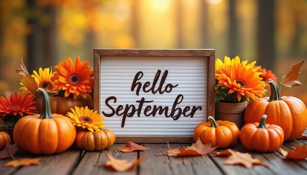 Letter board announces hello September in vibrant fall flowers and pumpkins on a rustic wooden table. Autumnal foliage creates a warm, seasonal backdrop.