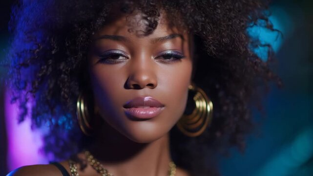 384Close-up of diverse model with neon glow reflecting on skin, rich contrasting colors illuminating contours of face and hair, expressive emotion and individuality, modern digital cu