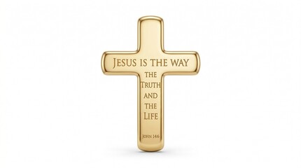 Obraz premium Jesus is the way the truth and the life Design, Christian Inspirational saying, bible verse design with golden cross, solid gold, smooth rounded polished surface, isolated on white background
