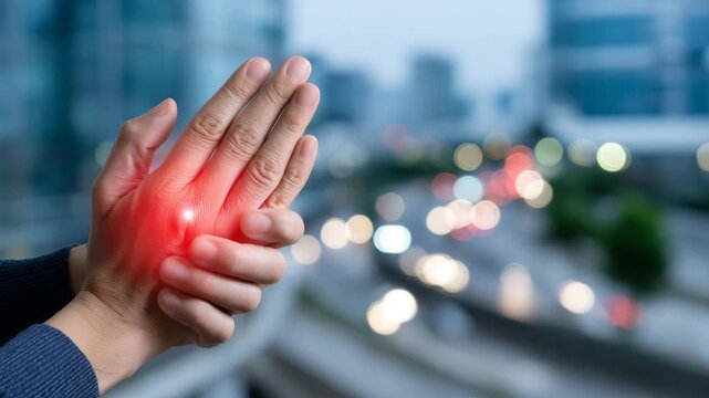419Faceless hand holding affected palm area, ligament inflammation and pain symptom, medical concern visualization, defocused studio background with copy space