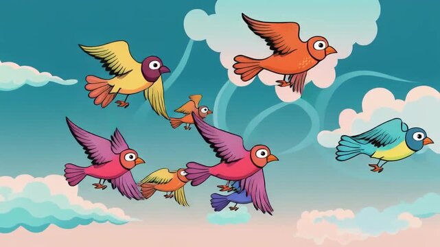 Colorful birds flying in sky with clouds in the background