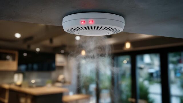 Activated smoke detector in a residential ceiling, red LED and warning signals on multiple interlinked devices, faint smoke visible, cozy home environment, professional safety syst