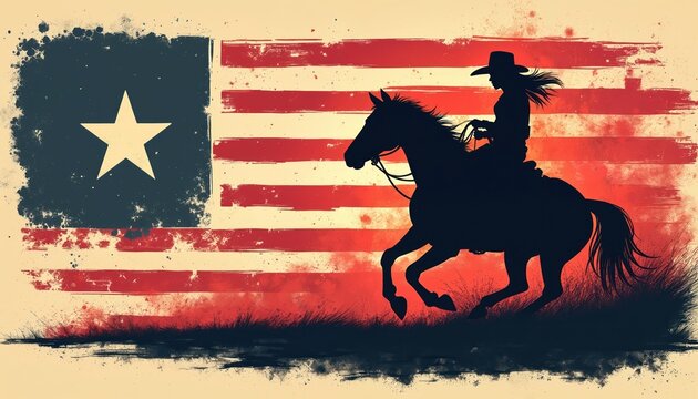 Silhouette cowgirl rides horse against textured American flag backdrop. Grunge style illustration shows patriotism and wild west themes with red white blue colors.