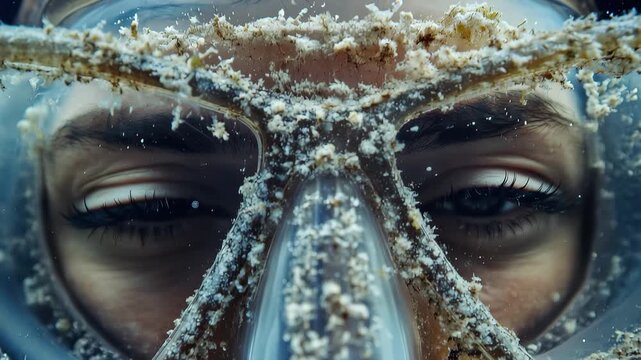 Underwater scuba dive course training in clear blue water in a tropical location with a focus on a diver's eyes through a mask