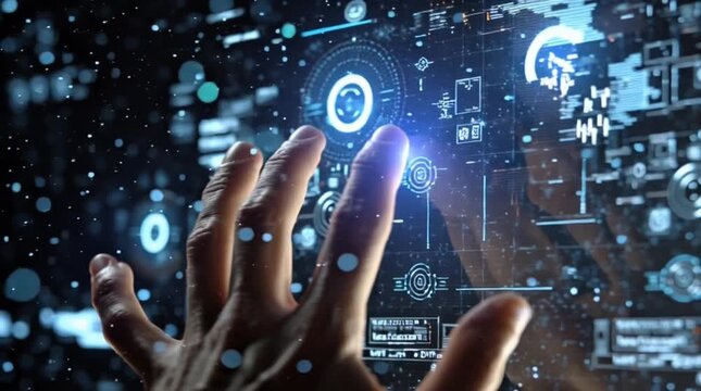 Human Touching Virtual UI with Glowing Data Elements in Futuristic Scene